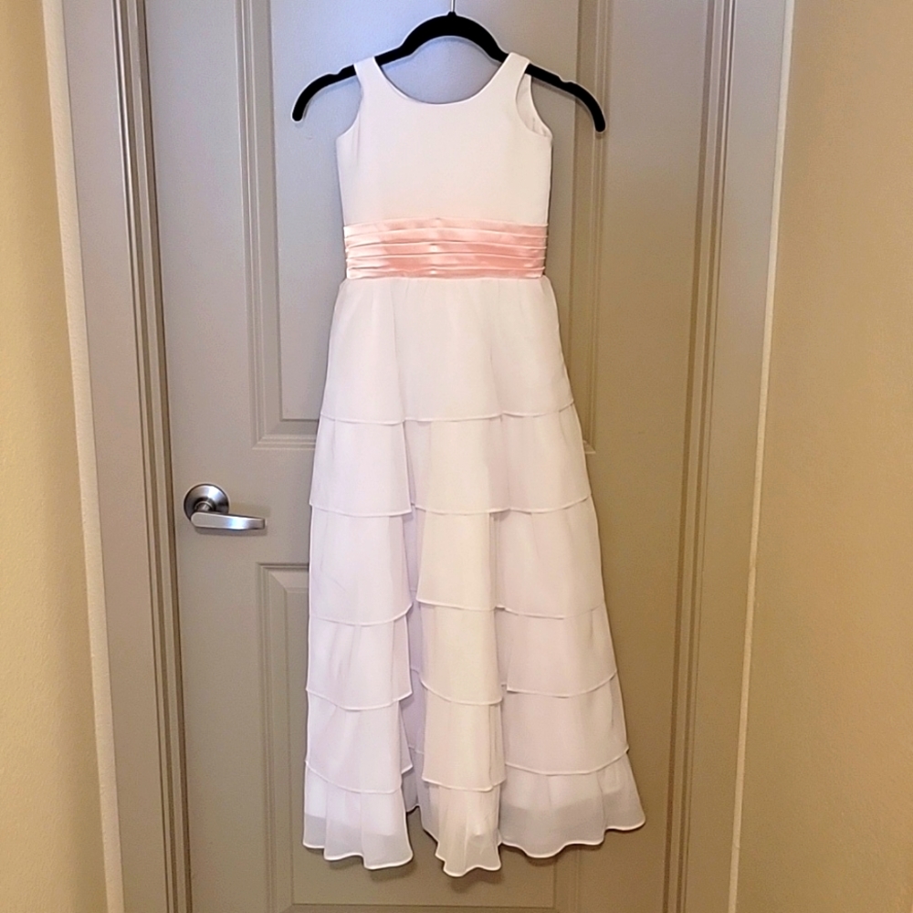 Custom Made White Flower Girl Dress with Pink Band Sz 5
